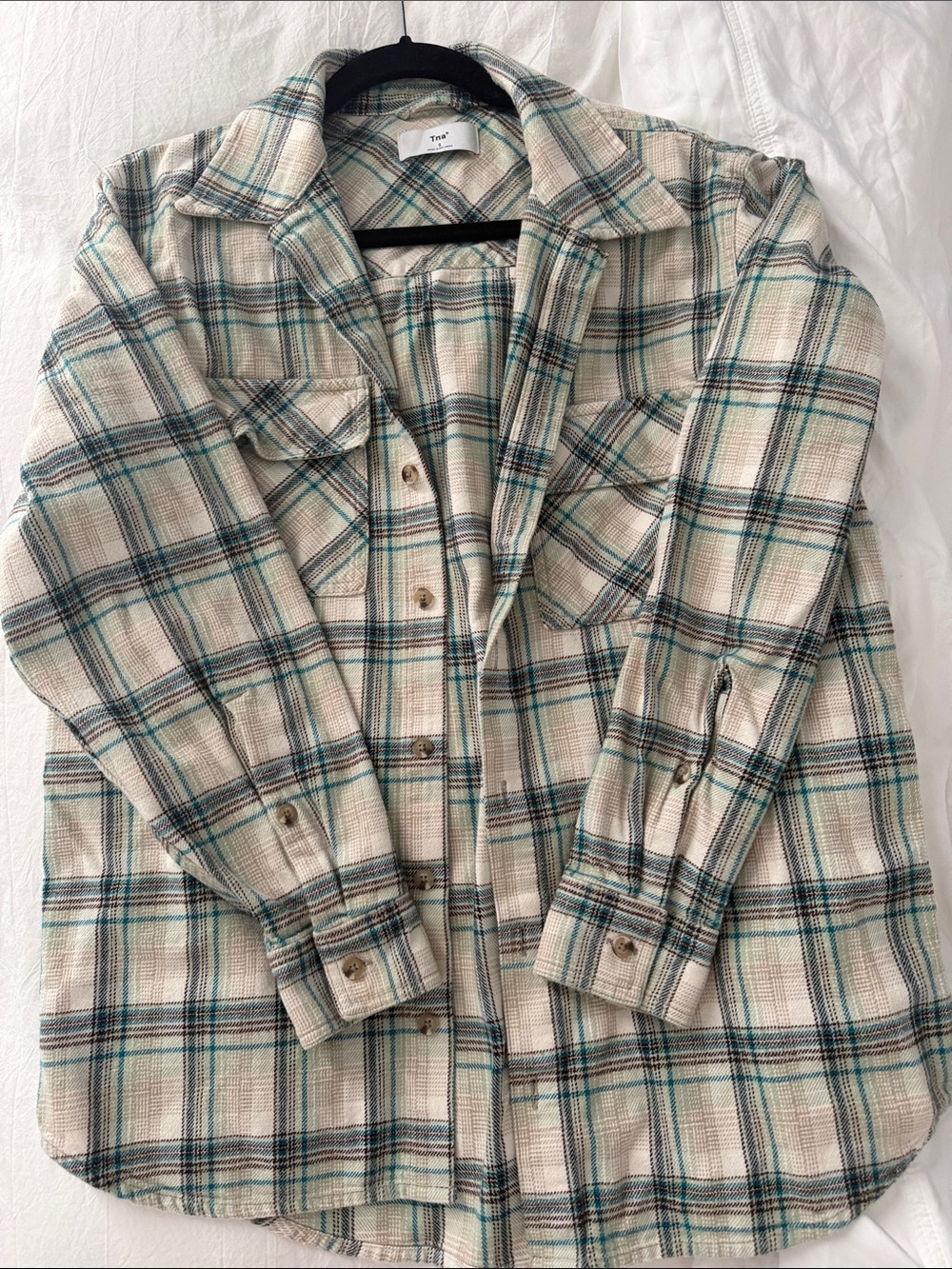 TNA Cream Plaid Button-Up with Teal & Gray Stripes